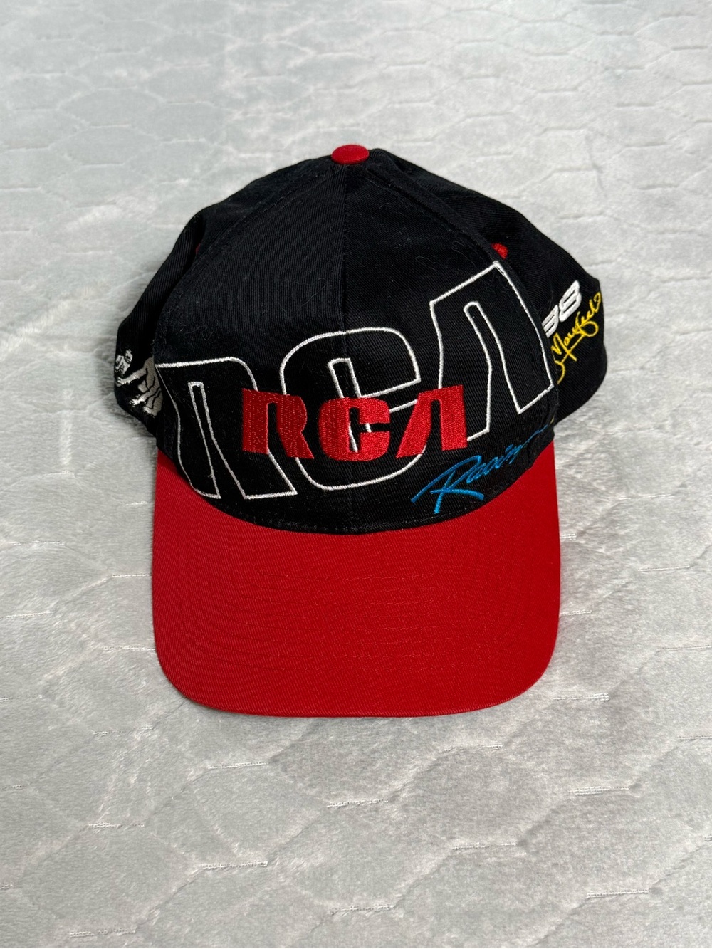 Vintage Jeremy Mayfield 98 RCA Racing Snapback Hat Beware Of Dogs NASCAR